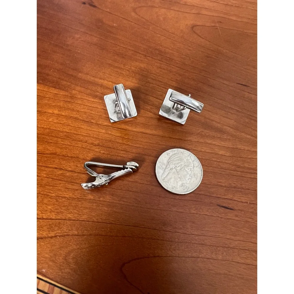 Vintage Silver Tone Square Crystal Cufflinks & Tie Clip Set Mens Formal Jewelry